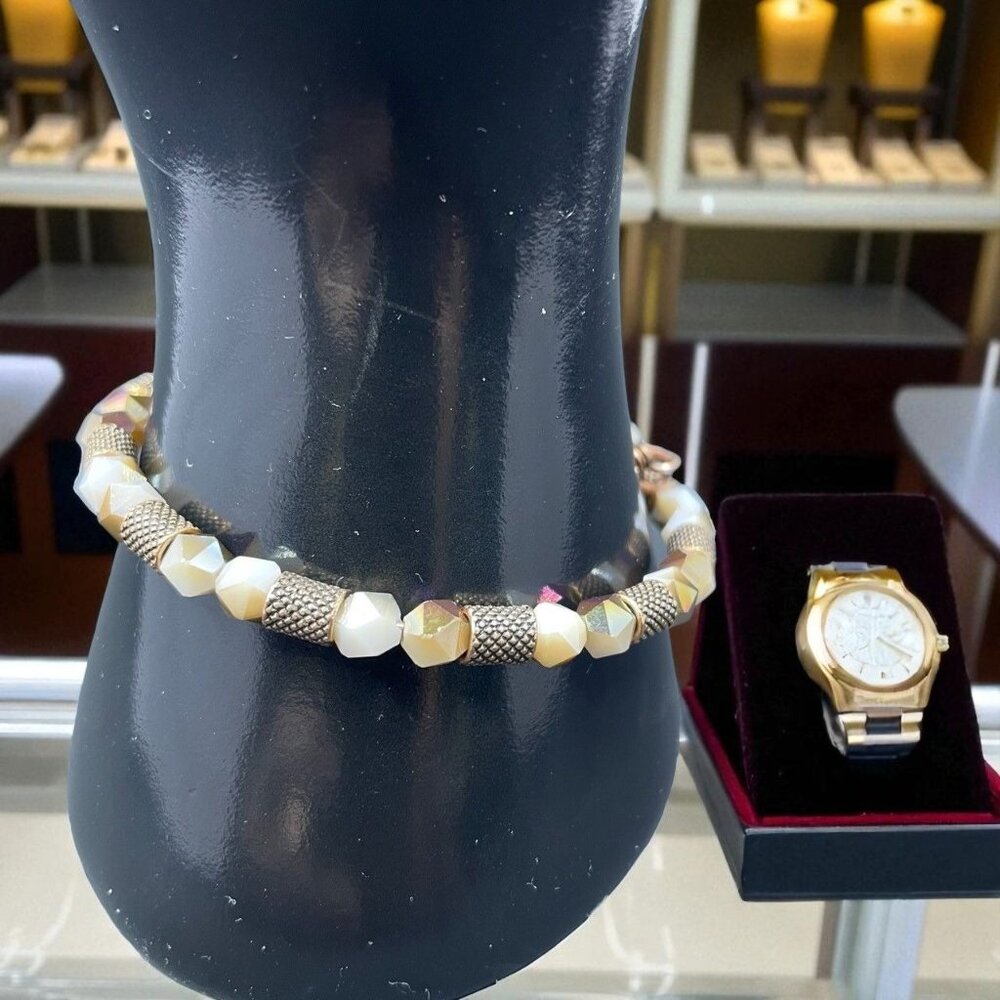 Alex And Ani Vintage 66 Bracelet Iridescent Beaded Gold Tone‎ Plus Energy 7.25"